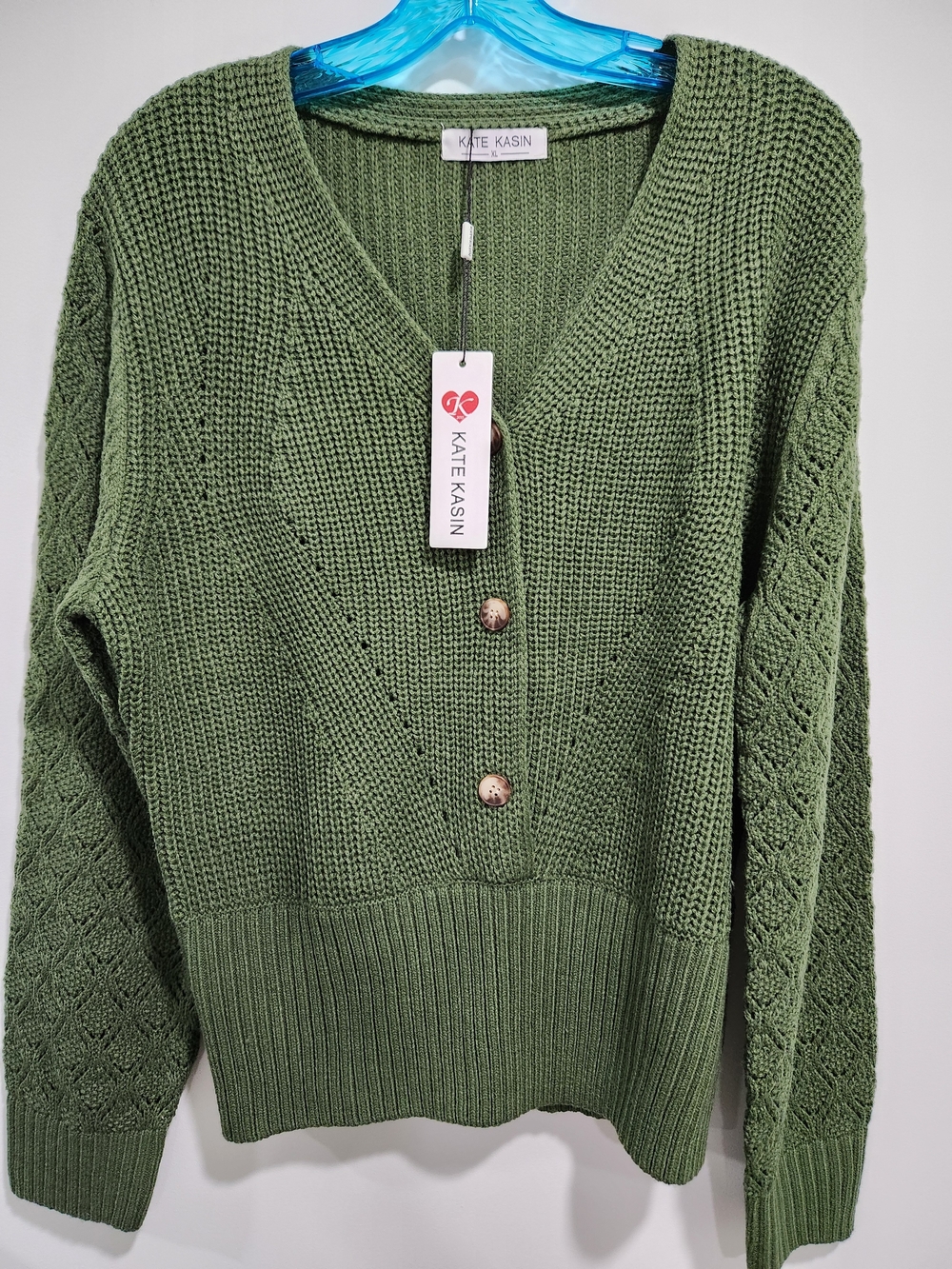 Kate Kasin Olive Green V-Neck Button Knit Sweater